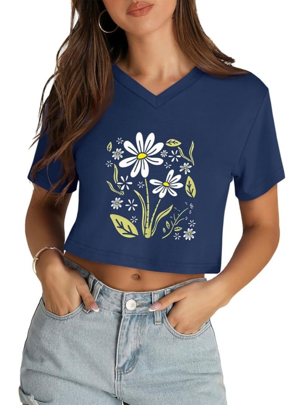Women's Dark Blue Daisy Casual Summer Short Sleeve Tees V Neck Pull On Crop Tops